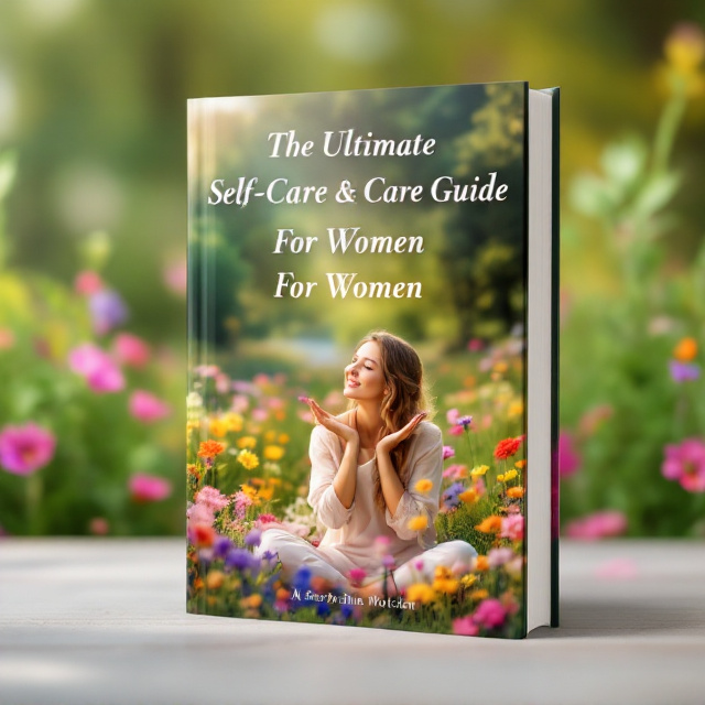The cover features a serene and vibrant image of a woman sitting in a lush meadow surrounded by an array of colorful, blooming flowers. Her pose is relaxed and contemplative, encapsulating a sense of peace and self-care. The background is softly blurred, focusing on the woman's serene expression and the vivid details of the flowers.