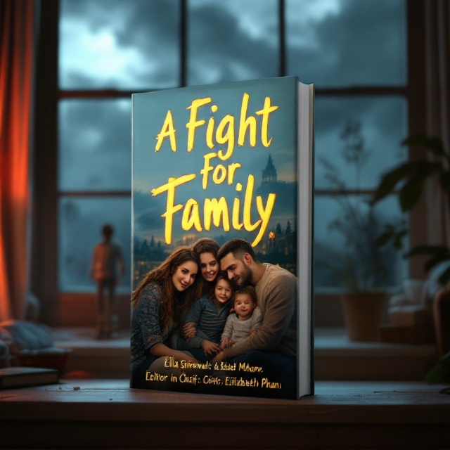 A cozy, warmly lit living room setting with a window showing a cloudy evening sky. A mysterious shadow is faintly visible at the edge of the window pane, adding an element of suspense. In the foreground, a family portrait is slightly askew on a mantle, hinting at imperfection amidst intended love and unity.