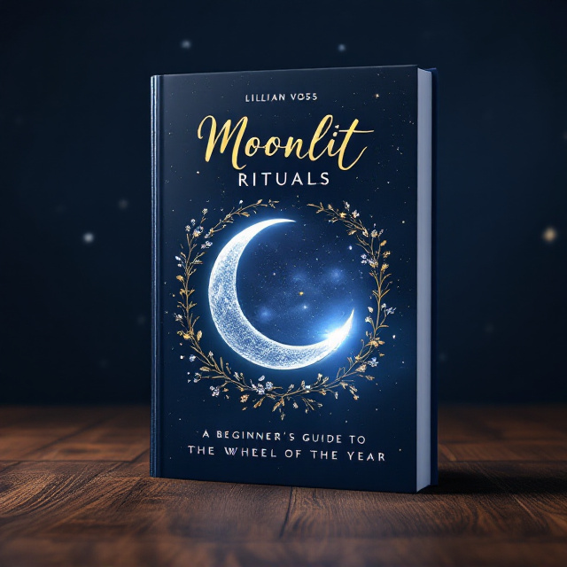 A serene indigo sky, with gradients transitioning into a soft midnight blue at the backdrop. A glowing silver crescent moon, encased with delicate green vines and small blossoming wildflowers at the center. Radiating behind the crescent moon, faint yet intricate golden wheel icons symbolizing the sabbats encircle the moon, blending softly into the backdrop. Glitter-like stars scattered across the upper and bottom portions of the cover, mimicking a starry night. At the top, the title “Moonlit Rituals” shimmers in gold script, resembling handwritten calligraphy, and below it, “A Beginner’s Guide to the Wheel of the Year” appears in compact white uppercase text. The author's name “Lillian Voss” rests at the bottom in clean white serif font.