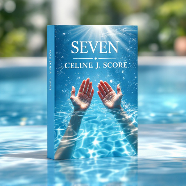 Create a realistic 3D mockup of a standing book titled 'SEVEN' by CELINE J. SCORE. The book is displayed upright in an elegant and immersive poolside setting. Two hands—one feminine and one masculine—are depicted reaching toward each other through the water from opposite corners of the cover. The water is pristine, with sunlight creating sparkling ripples that shimmer across the surface. Surrounding the book is a vibrant and inviting pool scene, rendered in radiant shades of blue with soft summer light filtering through, enhancing the dreamy and leisurely mood. The title 'SEVEN' is centered at the top in bold, elegant serif font, ensuring the book name is easily readable and prominently visible. The author's name, 'CELINE J. SCORE,' appears near the bottom in minimalist sans-serif font, complementing the design while maintaining a subtle presence. The text colors are white with a soft shadow effect, making them stand out against the light blue aesthetic. The visual element of the two hands and water occupies the middle portion of the book cover, creating a harmonious focus on the design. Ensure the mockup showcases the book standing at a slight angle, emphasizing the cover while providing depth, with realistic lighting and shadows to highlight the 3D rendering.