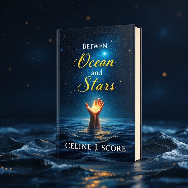 A dark, expansive view of the ocean meets the edge of a starry sky in the background, blending seamlessly into magical shades of deep blue and black. Floating in the water, a detailed illustration shows one hand reaching upwards, its fingers elegantly stretched toward salvation. Above the waterline, another hand descends from the starry sky, glowing faintly in golden hues to represent connection and hope. Soft waves ripple across the water, creating movement. The stars above glow brightly, surrounded by faint golden shimmers.