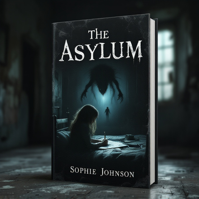 The cover features a dimly lit room with a young girl sitting on her bed, drawing an eerie, unsettling image on a sketchpad. Above her, you see a faint silhouette of a creature looming. The background showcases an old asylum from the 1800s with barred windows and peeling wallpaper that suggests decay. Shadows play an integral role, adding depth and mystery to the environment while enhancing the emotion of fear and sadness.