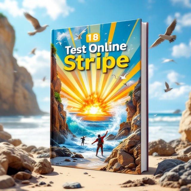 A bright, sunny beach scene with dynamic waves crashing against rocks, a high-energy explosion in the distance over the horizon, and vibrant stripes (representing "Stripe 18") incorporated into the sky like bold sunrays. Effervescent details such as birds mid-flight and adventurers silhouetted in action poses on the cliffs are scattered across the scene, creating a feeling of thrill-filled happiness.