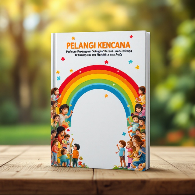 A vibrant collage featuring a rainbow arc as the central theme, surrounded by playful images of children engaged in various family activities. Subtle elements such as puzzle pieces incorporated subtly within the rainbow symbolize autism.
