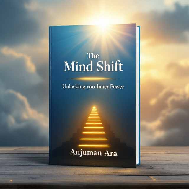 A dynamic burst of sunlight breaking through a cloudy sky, symbolizing enlightenment and transformation. The central graphic reveals faint silhouettes of climbing steps leading toward the sky, a metaphor for personal growth and ambition. The background features an elegant gradient blend of royal blue transitioning into golden tones that provides energy and warmth.