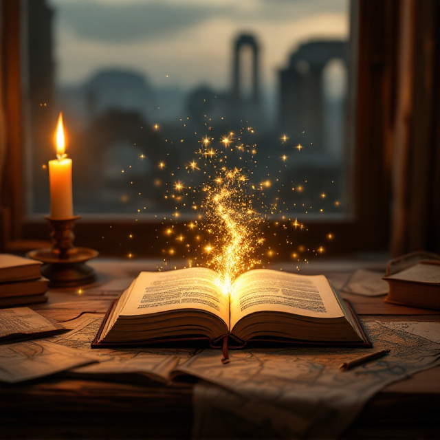 An old wooden desk is set amidst an evening glow, holding an open journal that radiates a faint golden luminescence. Beside it, a solitary burning candle flickers gently, casting intricate shadows across a faded map and a series of antique sepia-toned photographs. In the distance, the silhouette of ancient ruins is barely visible under a soft, dusky sky that's tinged with a sense of history and exploration. Golden sparks seem to drift from the journal and candle, symbolizing discovery and inspiration.