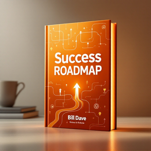 A vibrant orange-to-gold gradient background symbolizing energy and success. The background includes a subtle abstract roadmap design with winding pathways and arrows pointing upward, lightly embossed to add depth. The title “Success Roadmap” is bold and placed at the center in large font, with a glowing effect radiating from the text. Surrounding the title are small, yet impactful icons representing success such as a trophy, light bulb, and target. The author’s name, “Bill Dave,” is positioned at the bottom in smaller, understated font, enclosed within a simple rectangular border.