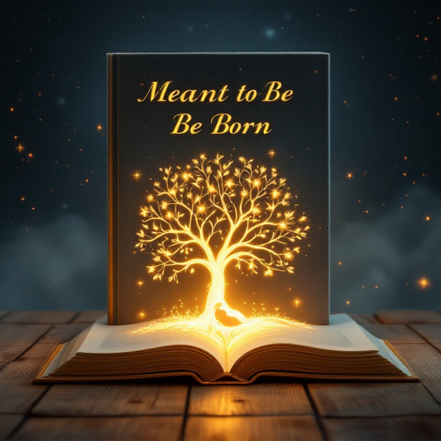 A dreamy open book lies horizontally on a rustic wooden surface, glowing with warm, golden light. From the center of the book pages emerges a radiant, whimsical tree with soft, glowing leaves and gently curling branches, symbolic of life and growth. Within the heart of the tree’s glowing roots (embedded in the book’s pages), a small, silhouetted fetus figure is peacefully nestled, radiating serenity and tenderness. The background transitions into a deep-indigo, star-filled sky with soft sparkles and hints of swirling, dreamlike mist, evoking awe and wonder. The glow from the book and tree subtly illuminates the surrounding wooden surface.