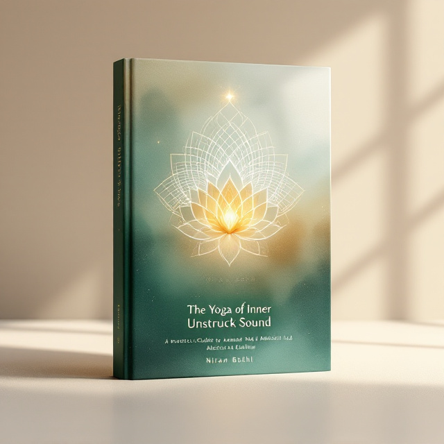 The cover features an abstract watercolor background that transitions softly from shades of deep emerald green to muted gold with hints of soft blue hues. At the center, a glowing lotus flower is depicted, its petals delicately emitting subtle sound wave-like patterns that radiate outward. Behind the lotus, there is a faint geometric mandala design inspired by the Anahata (heart chakra). The upper portion of the cover has soft, gradient lighting, giving it a serene and ethereal effect. The author's name appears subtly at the bottom, balancing the overall visual aesthetic.