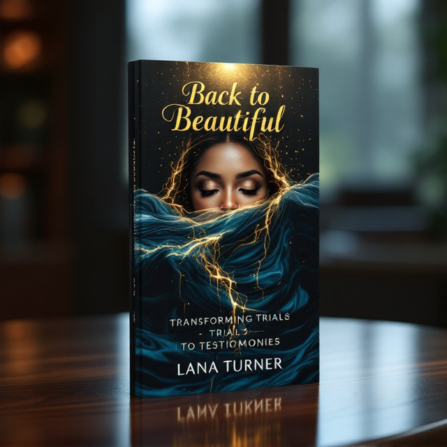 A serene yet determined woman's face emerging halfway from dark, turbulent waters that swirl around her. The water at the bottom half of the cover is deep blue-black, transitioning organically into golden streams of light near the top. Fine golden threads weave through the dark water, creating a transformative and magical impact. The woman’s face is half-shrouded in shadow, while the other half glows warmly, illuminated from a golden light source above. Delicate cracks and reflections on the water surface suggest restoration and healing. The background fades upward into lighter tones, symbolizing hope and rebirth.