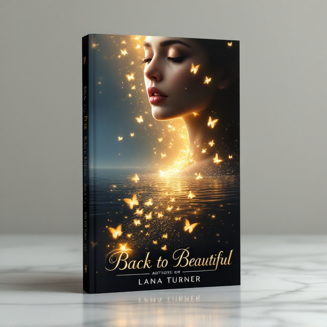 A woman's delicate yet determined face emerges from the depths of dark water. Half of her face remains in shadow, while the other half glows with warm golden light. Her expression holds a delicate balance of pain and resilience. The dark water at the lower part of the cover is textured with shattered glass reflections and subtle broken chains, barely visible. As the water nears the surface, it transforms into a cascade of glowing golden and white butterflies trailing upward, blending with beams of soft golden light. The background transitions from deep blues and blacks into ethereal soft whites and gold.