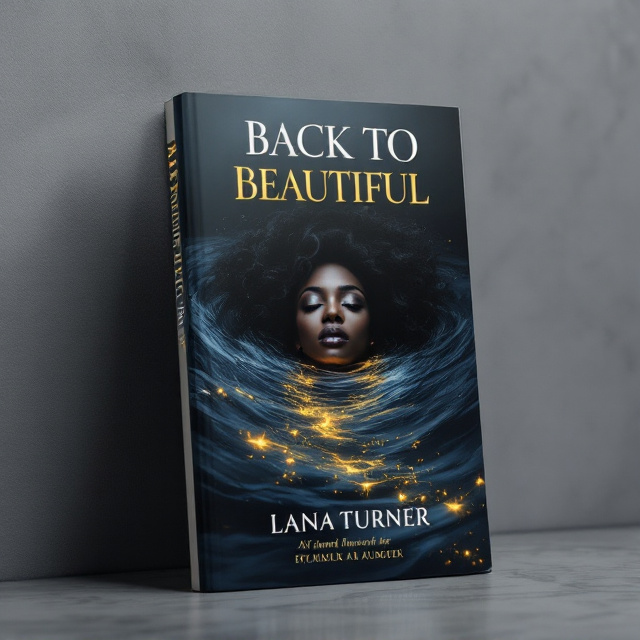 A striking image of a Black woman’s face emerging from turbulent, dark blue-black waters. Her expression is a blend of pain and hope, partially illuminated by warm, golden light breaking through the darkness at the surface. Her dark, swirling hair merges with the shadows in the water. Silhouetted threads of glowing light connect her to the faint, smaller reflection of another woman (representing the daughter) in the illuminated part of the water. The water gradually transitions in color from deep black at the bottom to soft, glowing gold at the top, creating a sense of upward movement and transformation.