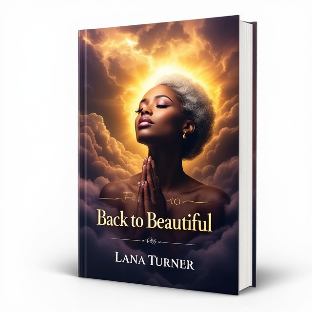 A stunning, realistic portrait of a beautiful Black woman dominates the cover, positioned centrally. She appears in serene prayer, her face slightly tilted upward, bathed in a golden divine light that creates a soft halo around her. Her natural, elegant hair showcases subtle silver strands, styled beautifully. Her hands are gently clasped at her chest. Behind her, dramatic, layered storm clouds in deep purples, blacks, and grays swirl with tension, but golden sun rays pierce through, illuminating her face and figure. The light and shadow perfectly contrast to depict her journey from trauma to healing.