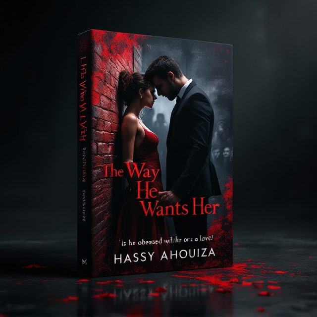 A tall, sharply dressed man in a black, tailored suit stands dominatingly close to a visibly distressed but defiant woman. She wears a torn yet elegant red dress, her back pressed against an aged, dimly lit brick wall. Her wrist is being firmly grasped by him as he leans toward her, exuding both passion and control. The backdrop transitions to a deep shadow, leaving two to three silhouettes lurking in the background with partially obscured faces to maintain the mystery. The atmosphere is charged with desire and suspense, illustrated with a deep red and black color palette that incorporates moody vignette lighting.