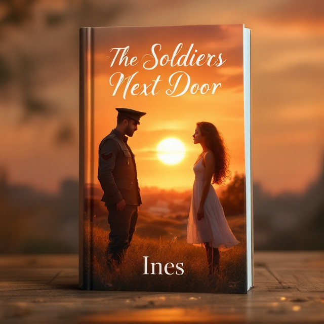 A romantic and dreamy sunset scene serves as the backdrop, featuring warm hues of orange, peach, and soft reds. A soldier in uniform stands to the left, his face partly in shadow but looking adoringly at a girl with long, brown curly hair on the right. She stands barefoot on a grassy hill, her flowing dress catching the golden hues of the sunset. Between them, the soft glow of sunlight merges their silhouettes slightly, symbolizing their emotional connection and love. In the distant background, faint outlines of a neighborhood appear, tying in the theme of "the soldiers next door.".
