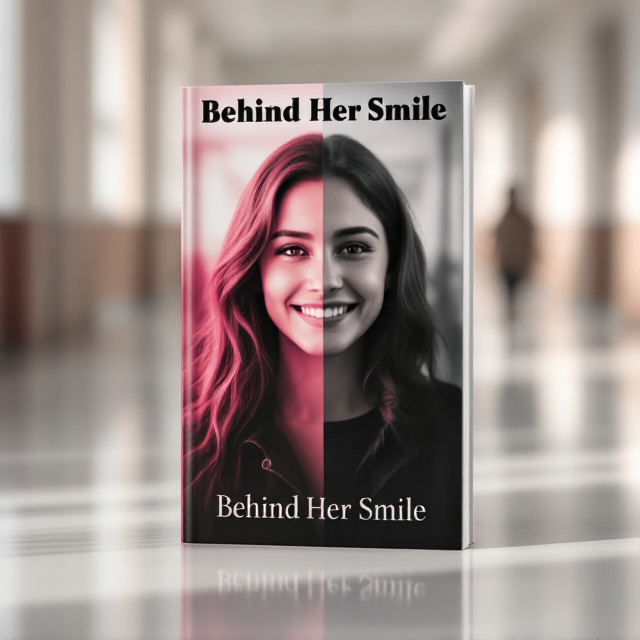 The book cover features Sophia standing alone in a desaturated high school hallway. Her figure dominates the foreground. Her face is split in half the left side shows a bright, warm smile illuminated in soft pink tones, while the right side fades into shadows and soft greys, symbolizing her sadness. In the blurred background, faint silhouettes of laughing students are visible, emphasizing her isolation and betrayal. Subtle lighting gradients blend the soft pink and dark grey elements, creating emotional complexity.