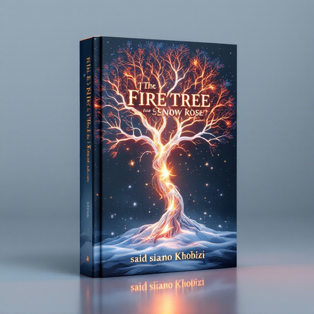 A mesmerizing central illustration of a fantastical tree, its fiery crimson and copper-lit branches intertwining with icy platinum snowflakes. Below the tree lies a single rose, its stem glowing with molten fire and its petals a delicate combination of frosty whites and glacial blues. The background transitions from a fiery golden glow at the base to a mystical, deep gray and purple gradient—a suggestion of surreal worlds blending. The tree and rose are framed by ethereal divine auras, faintly showing shapes alluding to guardian-like spirits.