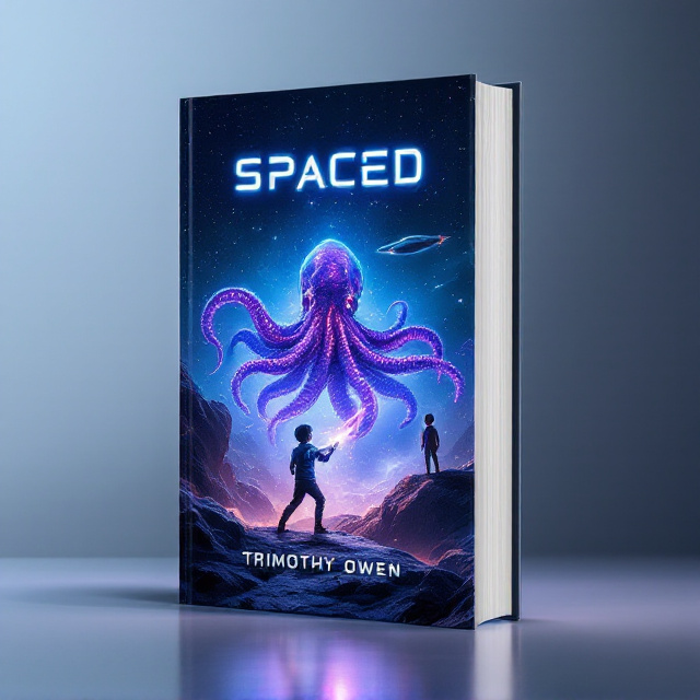 The cover features a dramatic space scene. A young boy wielding a futuristic laser-like weapon is seen in the foreground mid-action, locked in combat with a massive, glowing, bioluminescent giant squid with its tentacles flailing. Another boy stands farther back on an elevated rocky ledge in awe and fear, watching the action unfold. A sleek, metallic spaceship looms in the background above the scene, its lights cutting through the darkness of space. The setting is drenched in various shades of blue, accented with glowing purples and glimmers of silvery light to create an exciting, otherworldly feel.