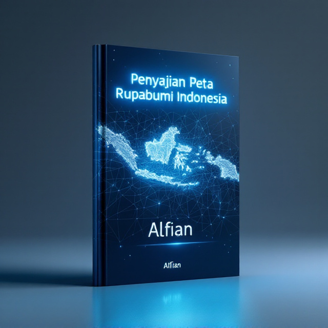 The cover features a striking, digitally-rendered map of Indonesia, with luminous cyan-colored highlighted contour lines. The map sits centered, surrounded by a subtle gradient background transitioning from deep blue at the edges to cyan near the center. Overlaying the map are sleek, geometric patterns resembling network grids, symbolizing advanced technology. A faint glow emanates from the map to emphasize the theme of mapping technology.