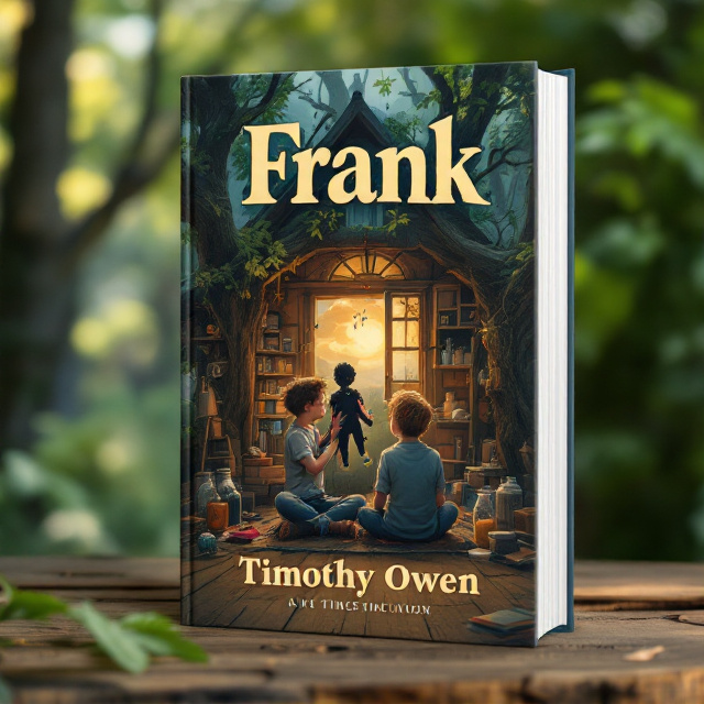 Two boys are depicted inside a cozy treehouse, sitting cross-legged, with the soft golden hues of a glowing sunset spilling through the windows. One of the boys is holding a black voodoo doll with colorful, glistening pins inserted into it. A sense of intrigue is added by the slight shadows and interplay between the doll and the whimsical backdrop of the sunset sky and surrounding green trees. The treehouse is rustic and detailed with scattered books, jars, and tools, accentuating the adventurous and curious vibe.