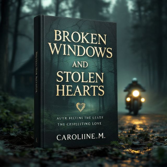 A gloomy, dense forest surrounds an old, tattered cabin. The cabin's broken windows and boarded-up panels are emphasized, with faint light coming through the broken boards hinting at life inside. A speeding motorcycle in the foreground races towards the cabin, its headlight cutting through the darkness of the forest. The scene is engulfed in dark green and muted black tones, creating an eerie and suspenseful atmosphere. Faint, hazy mist weaves through the woods, amplifying the feeling of fear and urgency.
