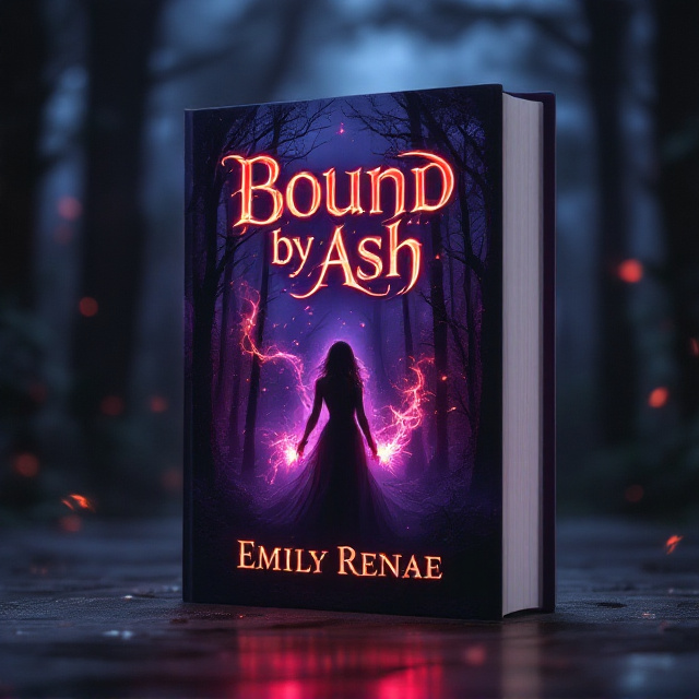 A dark, enchanted forest illuminated by a faint, otherworldly glow. In the center, a figure (silhouetted but feminine and powerful) surrounded by swirling, ethereal purple and red flames. A pair of glowing, almost hypnotic eyes subtly hidden in the shadows of the forest. The edges of the forest blur into darkness, giving the impression of endless depth.