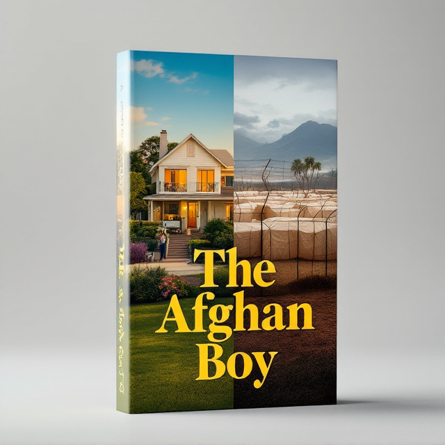 The cover is divided vertically into two equal sections. The left showcases a cozy Australian suburban house, complete with a lush green garden, clear blue skies, and a warm golden hue bathing the scene. The right side depicts a stark refugee camp in Nauru with rows of basic tents, barbed wires, and grayish overcast skies that evoke a somber atmosphere. The contrast is emphasized by the difference in light the left side is vibrant and colorful, while the right is muted and grim. The scenes seamlessly blend in the middle with a soft gradient to represent the connection of the boy's journey.