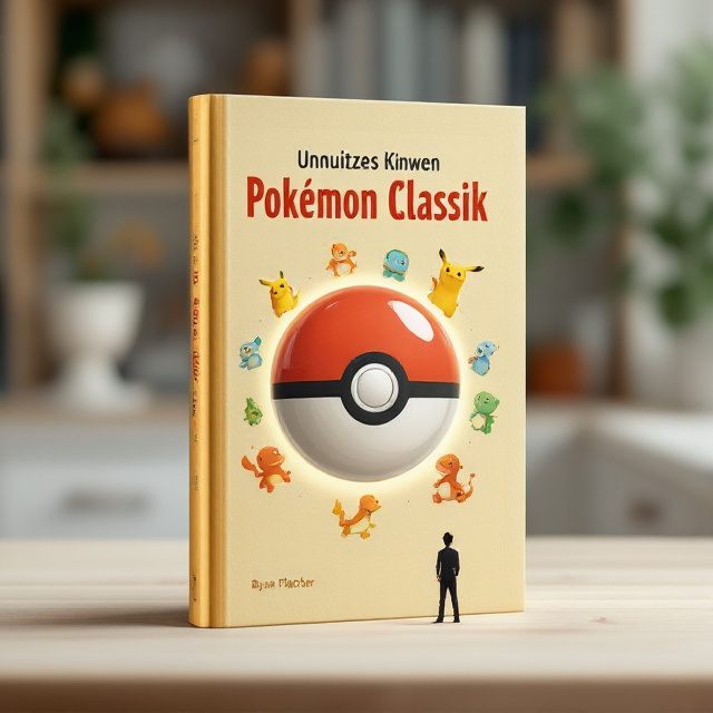 The cover features a large, classic Pokéball at the center, glossy and vibrant, with a subtle glow surrounding it. Around the Pokéball, a selection of first-generation Pokémon silhouettes, including Pikachu, Bulbasaur, Charmander, and Squirtle, appear in a circular pattern as if orbiting the ball. A faint, textured background echoes the original Pokémon world map, providing a nostalgic and subdued backdrop. A stylish Pokémon trainer silhouette stands confidently at the bottom-right corner, looking upward towards the Pokéball. The overall color palette is a blend of soft yellows, reds, and greens, evoking the original Pokémon Gameboy design.