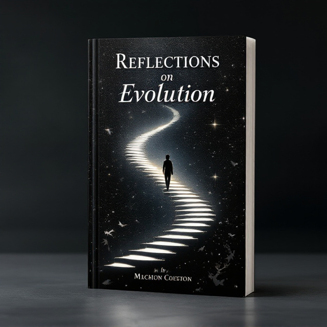 A human figure in silhouette walking up a spiraling, ethereal staircase made of shimmering light. The staircase disappears into the starry void above, filled with shining clusters of stars and cosmic haze. At the bottom of the cover, shadowy silhouettes of various creatures like birds, deer, fish, and insects emerge slightly, blended into the darkness as faint starry textures glimmer on their forms. The majority of the background is deep, velvety black with scattered stars providing depth and texture.