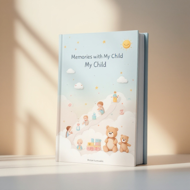 The cover depicts a dreamy timeline charting a child's growth stages. On the left side, an illustration of a tiny fetus in the womb surrounded by soft hearts and stars. Following this, a newborn baby tucked in a cozy blanket holding a pastel-colored rattle. Next, a curious toddler crawling beside a toy train, transitioning to a happy little child walking and holding a milk bottle, and culminating with a cheerful 5-year-old playing with a stuffed bear under a slightly larger smiling sun above. The background features a gradient of pastel blue blending seamlessly into soft, fluffy white clouds, with tiny floating star decorations scattered throughout. Cute baby items like pacifiers, milk bottles, and other toys are interspersed along the timeline, adding charm.