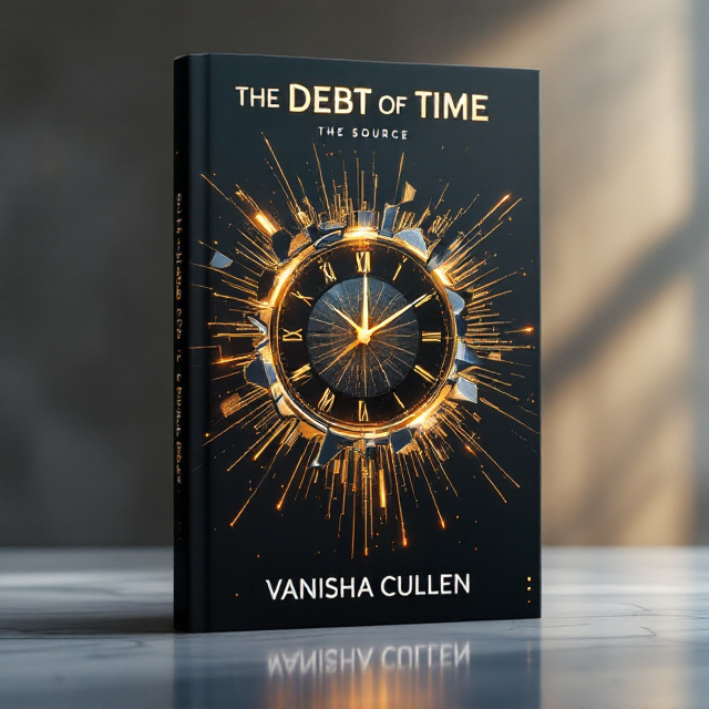 A dark, atmospheric design with a shattered clock face at the center, symbolizing time breaking down. The shards of the clock spread across the cover, with golden, glowing circuits weaving through the broken pieces to reflect the hack or glitch elements. In the background, a soft, gradient-based dawn coloring (from deep navy to golden) emphasizes the idea of "The Source" and "The Dawn." A subtle coding matrix pattern is faintly visible in the backdrop.