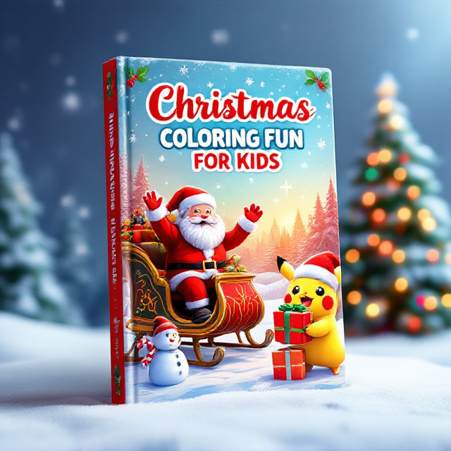 A cheerful Santa Claus riding in his sleigh, waving with one hand, while a happy snowman stands nearby holding a candy cane in a snowy forest. Pikachu wearing a festive Santa hat is joyfully holding a Christmas gift box near the bottom corner of the image. The background features a pale blue sky transitioning into a deep red gradient, scattered with snowflakes and shimmering holiday lights. Add a glowing Christmas tree adorned with ornaments on the side to complete the festive feel. The title is large and playful, with decorations of holly leaves scattered around the text for added charm.