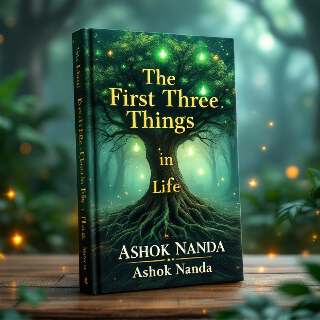 A massive, ethereal tree with glowing green leaves takes center stage, its roots sprawling and intertwining across the bottom half of the cover, almost blending into the environment. The background has a soft, fantasy-inspired misty forest landscape in varying shades of green, with a magical aura surrounding the tree. At the top of the tree, three faintly glowing orbs subtly represent the "three things in life," floating near the branches. Subtle sparkles, fireflies, or glowing particles are scattered across the background to add a fantastical touch.