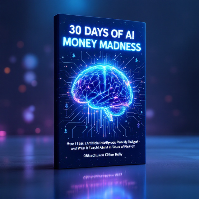 A glowing, futuristic digital brain design occupies the center of the book cover, surrounded by interconnected lines representing neural networks and circuits. Subtle monetary elements such as translucent dollar signs, financial graphs, and digital currencies hover faintly in the background, blending seamlessly with the neural lines. The backdrop features a gradient of deep neon blues transitioning into metallic purples, with a faint, shimmery silver overlay for a high-tech feel.