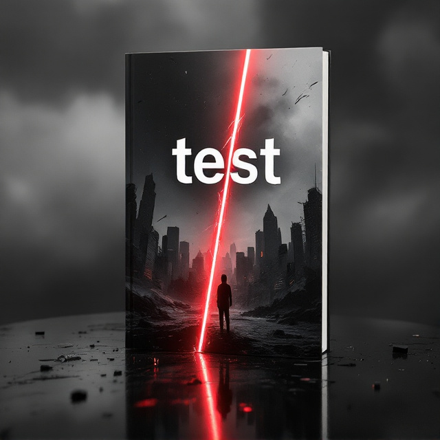 A dark, desolate cityscape in the background with collapsing skyscrapers and smoke-filled sky. In the foreground, a lone figure stands looking upward, surrounded by scattered remnants of technology. A muted, grayscale palette with a sharp accent of neon red cutting dynamically across the cover, representing a glimmer of rebellion amidst despair.