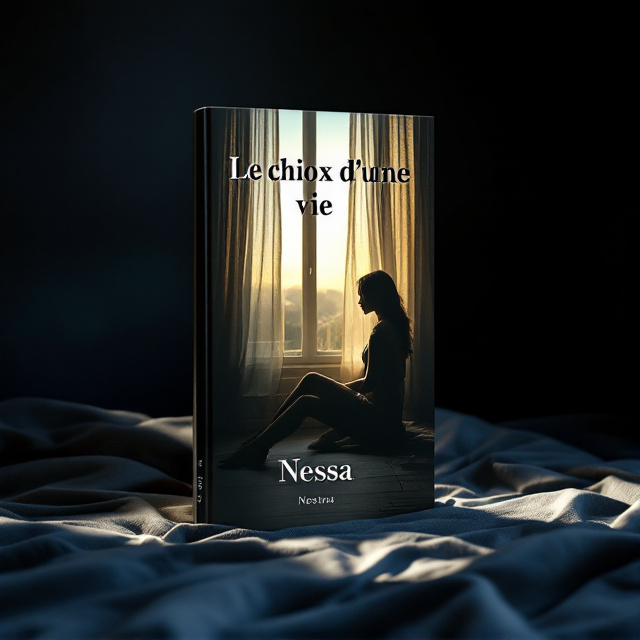 A dimly lit room with shadowy blue tones dominates the lower and side areas of the cover, evoking solitude and the weight of the past. Near the center, a woman is seated by a large window, her form partially illuminated by a gentle golden beam of light streaming through sheer curtains. Her posture is contemplative, with her silhouette blending slightly into the shadows of the room. The window’s exterior view is blurred, hinting at a distant hopeful horizon shrouded in ambiguity.