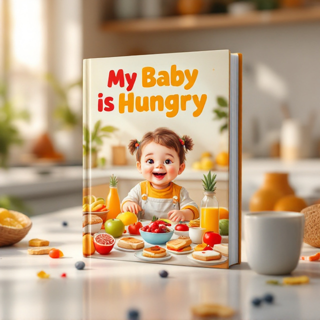 A vivid illustration of a cheerful child, around three years old, seated at a table with various colorful food items like fruit, sandwiches, and cookies arranged in front of them. The child has a wide, happy smile. The background is a bright and sunny kitchen with soft, warm tones, showcasing an inviting and lively atmosphere.