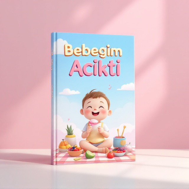 A joyful, round-faced kid sits on a picnic blanket under a slightly cartoonish blue sky. The child is happily holding a spoonful of pink yogurt, with bowls of food such as fruits and snacks spread around. The child's joyful expression and vibrant surroundings emphasize happiness and hunger being fulfilled. The background has soft, gradient pink transitioning into white, creating a whimsical and playful atmosphere.
