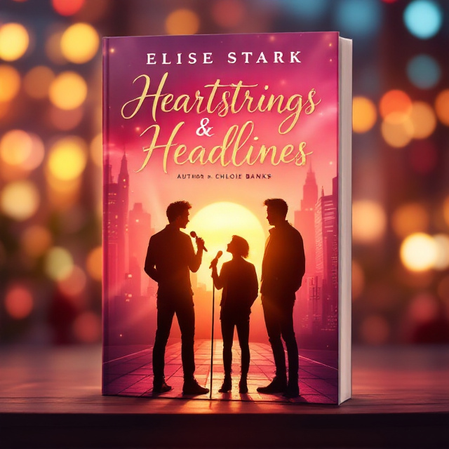 The book cover features a dreamy, sunset-lit cityscape in the background with bright, warm hues of pink, orange, and gold. In the foreground, there are two silhouetted male figures standing apart, each with subtle gradients to resemble Harry Styles and Justin Bieber. Chloie Banks, the protagonist, is positioned between the two, slightly glowing, wearing a striking pop-star outfit with a microphone in her hand. The stage lights subtly beam upwards, giving her a starlet aura. The title is prominently placed over the city skyline, giving a sense of modern romance and emotional tension.