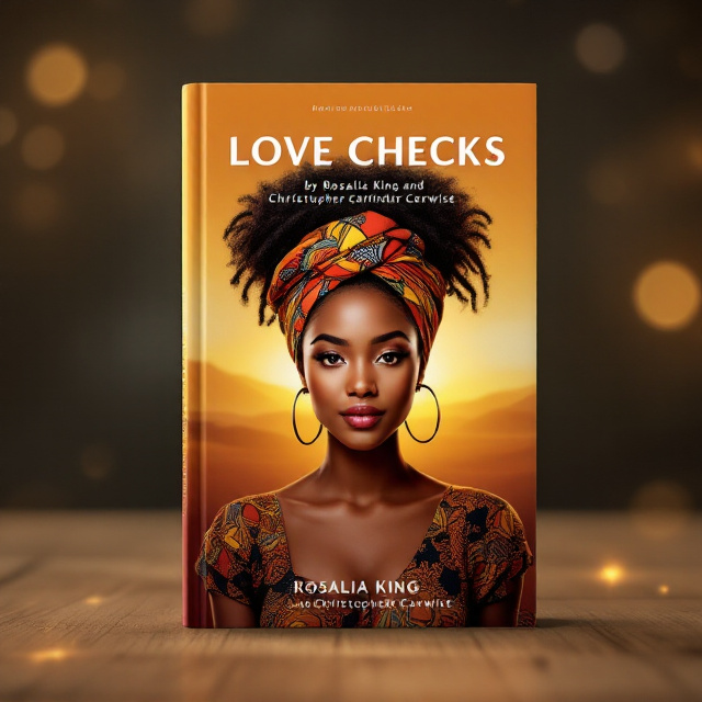 Create a realistic 3D mockup of a standing book titled "LOVE CHECKS" by Rosalia King and Christopher Carwise. The book features a confident young African American woman prominently at its center, styled beautifully with intricate sister braids and an afro puff. She wears a vibrant African-patterned headscarf that stands out with bold and rich colors, drawing immediate attention. The warm and serene background displays a gradient of earthy tones such as amber, terracotta, and golden beige, blending softly into a subtle blurred horizon and augmented by delicate bokeh light effects scattered across the top half. The woman’s expression radiates confidence and inner peace, in harmony with the book's uplifting theme. The title "LOVE CHECKS" is featured at the top of the cover in an elegant serif typeface with softened, rounded edges, rendered in a luxurious gold-foil color that contrasts beautifully against the warm hues of the background. Ample spacing highlights its sophisticated elegance. At the bottom of the cover, the names "Rosalia King and Christopher Carwise" are displayed in a slightly smaller serif font, centered and in clean white, ensuring simplicity and clarity. The overall layout emphasizes the woman’s figure, with her presence occupying the majority of the cover. The book is standing upright within the mockup, tilted slightly for a dynamic and realistic perspective and set against a softly blurred, cohesive background environment. The 3D lighting and shadows provide depth to make the book appear tangible and compelling.