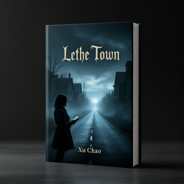A haunting silhouette of a woman in a trench coat holding a small book is positioned off-center, slightly to the left. The background features a dimly lit American small town street with old, decrepit houses flanking a long, desolate road that stretches into the dark horizon. A subtle mist hugs the ground, adding an eerie texture to the scene, while the sky is clouded and painted in dark grays and deep blues. A faint glowing light hangs like an unnatural aura over the road, pulling the viewer’s focus deeper into the composition. Shadows dominate the corners of the cover, creating a claustrophobic and mysterious atmosphere.