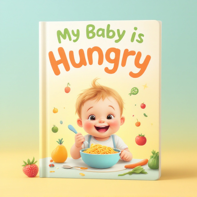 A joyful scene featuring a cute toddler, sitting at a table with a big smile, as they eagerly eat from a colorful bowl of spaghetti. The background is a soft, pastel gradient in yellow and light blue, suggesting warmth and happiness. Around the child, there are playful illustrations of fruits, vegetables, and utensils, floating as if they are dancing around the child. The title arches above the scene in a whimsical, hand-drawn style, while a subtle burst of light is added in the background to amplify joy.