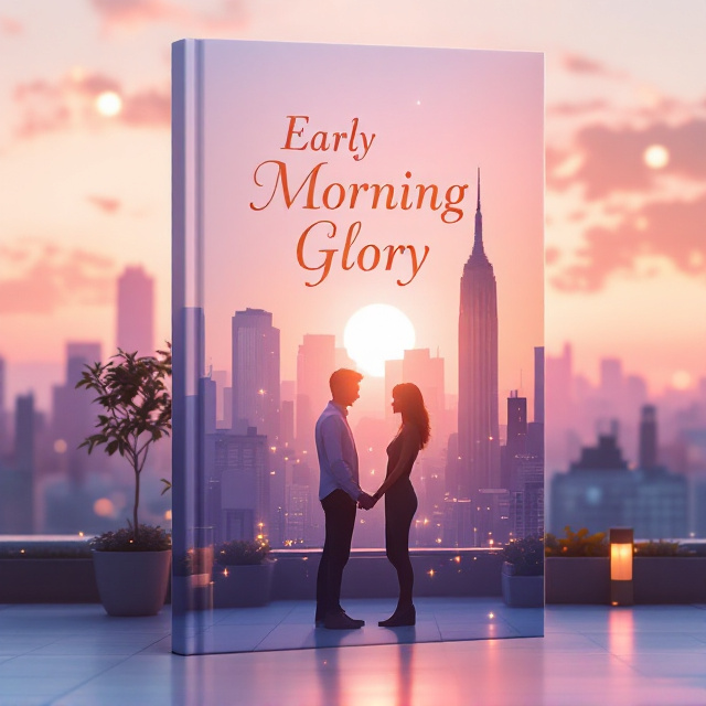 A dreamy, sunrise-lit New York City skyline is featured in soft pastel hues. In the foreground, silhouetted on a rooftop terrace, is a couple sharing an intimate moment, subtly holding hands, bathed in the warm morning glow. The light creates romantic highlights around them. The atmosphere feels tender, filled with hope and love.