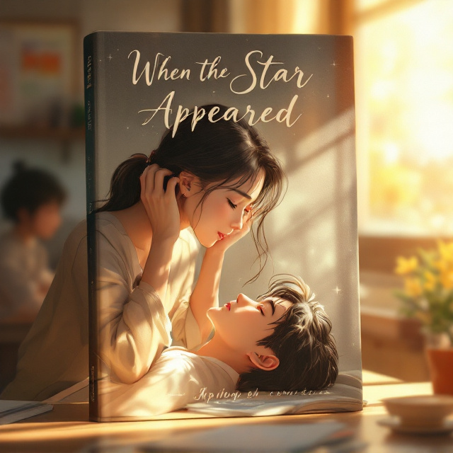 A detailed anime-style illustration captures the described scene The young, attractive Japanese teacher leans gently toward the student resting his head on the desk near the window. Her kind, calming expression and her soft gesture of tucking her hair behind her ear are in focus, creating an intimate connection between the two characters. Warm sunlight filters softly through the frosted window, casting subtle highlights and shadows. The foreground blurs slightly to enhance the focus on the teacher and the student. In the background, faint images of other students quietly turning their heads toward the pair add subtle intrigue and depth.