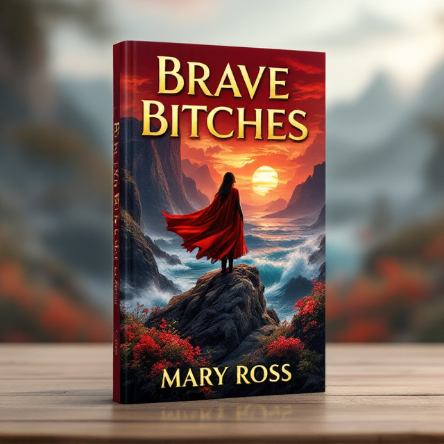 A central illustration of a strong, determined woman standing atop a rocky cliff overlooking a vast, wild landscape. Her vivid red cape flows dramatically in the wind, blending with streaks of red sunset across the sky. Around her, elements of untamed nature like roaring waves, rugged mountains, and wildflowers subtly wrap around the design, creating a sense of raw power.
