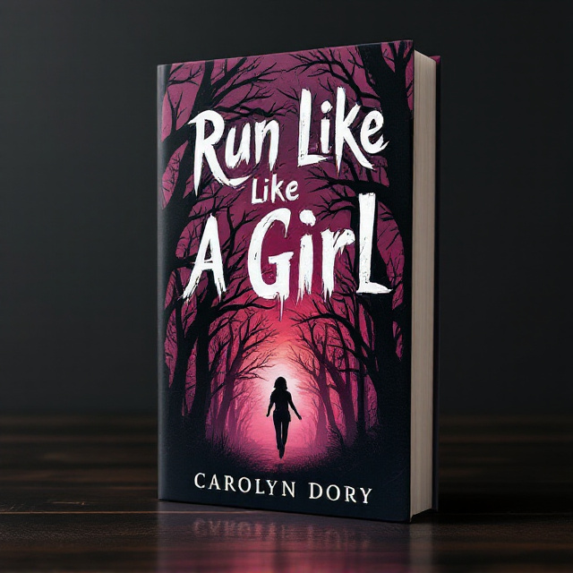 A haunting, shadowed forest under a rich, ominous gradient sky of deep pink and intense orange tones. The silhouette of a frightened 13-year-old girl in mid-run is central, with her figure slightly blurred to evoke motion and fear. Twisting, claw-like tree branches loom overhead, framing the edges of the cover to create a claustrophobic and suspenseful atmosphere. Dappled highlights of moonlight penetrate through the forest, adding an eerie illumination to her path.