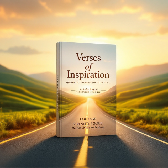 A serene, golden-hued winding road stretches through a lush green landscape. The sky is painted in shades of a sunrise, with soft streaks of orange, pink, and yellow that radiate hope and positivity. Motivational words like "Courage," "Strength," "Resilience," and "Joy" appear subtly on the road, seemingly carved or painted onto its surface, guiding the reader visually and emotionally. A glow of light emanates from the horizon to symbolize inspiration and the soul's awakening.