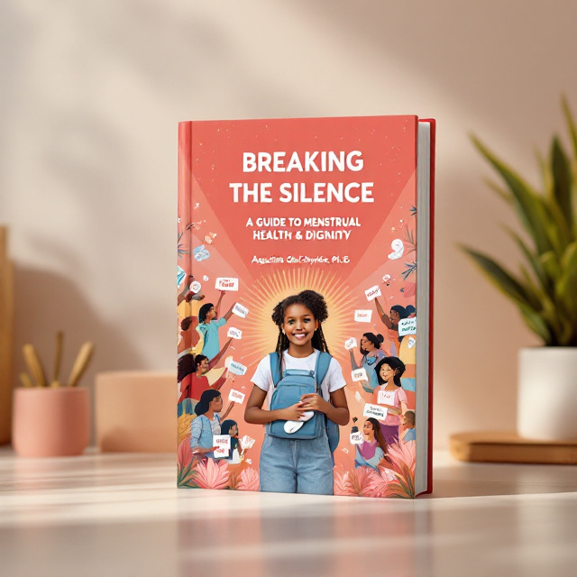 The cover features a warm gradient background blending deep red at the top transitioning into coral and light pink near the bottom. A central figure — a young girl with a confident stance, holding a school bag in one hand and a sanitary pad in the other — is encircled by a diverse group of young people. They hold small hand-drawn style signs with empowering slogans like “Period Power” and “No More Shame.” Around the edges, soft illustrations of menstrual cups, sanitary pads, flowers, and books create a decorative frame. At the top center of the cover, rays of light subtly shine outward from the central figure, symbolizing enlightenment and empowerment.