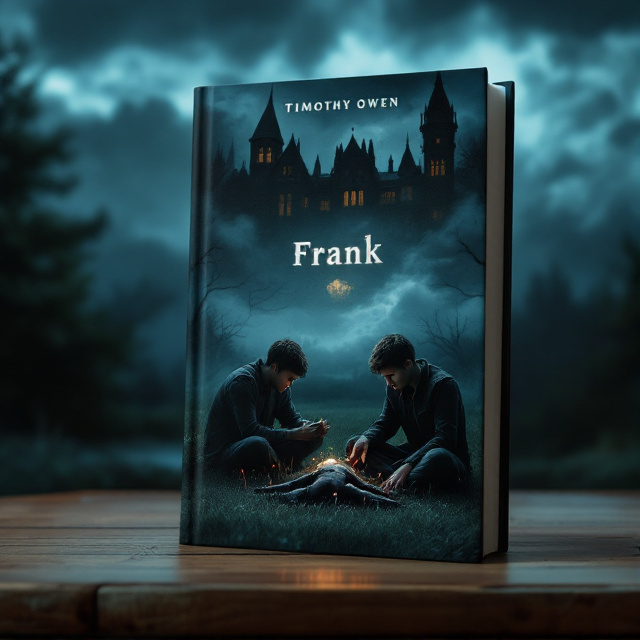 Two 15-year-old boys sit cross-legged in the foreground of the cover, on a slightly overgrown but eerily symmetrical garden lawn. The boys are illuminated by faint moonlight, their faces intrigued and slightly fearful as they examine a pitch-black voodoo doll with colored, gleaming pins stuck in random places. The doll lays on the grass between them, exuding an ominous glow. In the background stands a shadowed, gothic-style mansion with towering spires and dimly lit windows. The sky above is a swirl of dark clouds, hinting at an impending storm.