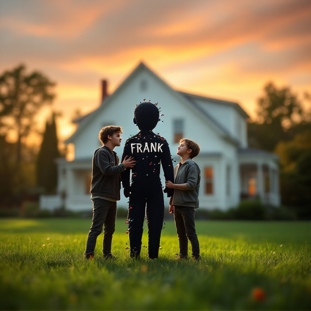 A close-up scene of the two fifteen-year-old boys sitting on the grassy garden lawn in front of a white double-story wooden house. The house is slightly blurred in the background, bathed in the warm orange and yellow hues of the setting sun. One boy holds the large black voodoo doll upright, while the other leans in, looking at the doll with equal parts fascination and unease. The voodoo doll is central and vivid, with multicolored pins sticking out of it—a striking contrast against the mellow backdrop. Shadows elongate across the lawn, adding tension to the scene. The sky is streaked with soft oranges, pinks, and purples, emphasizing the time of day.